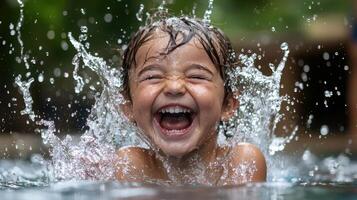 A young child is splashing water in the pool photo