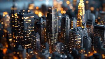 A cityscape with many tall buildings at night photo