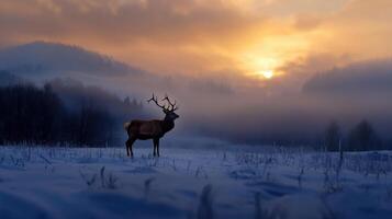 A deer stands in the snow at sunset photo