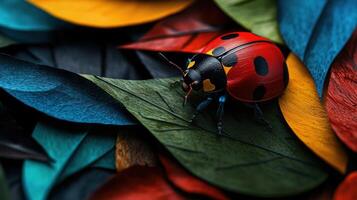 A ladybug sitting on a pile of colorful leaves photo
