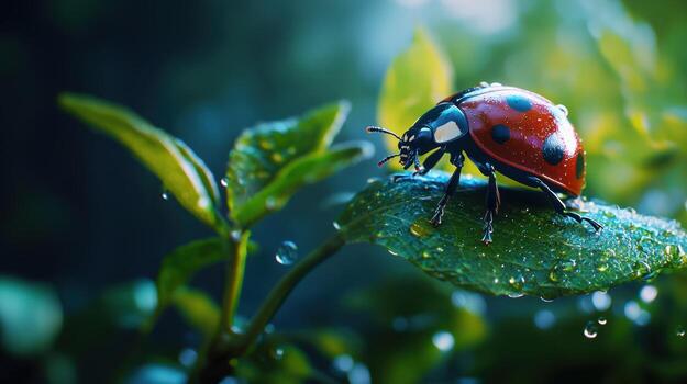 A ladybug sitting on a leaf with water drops photo