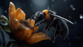 A bee is standing on top of an orange flower photo