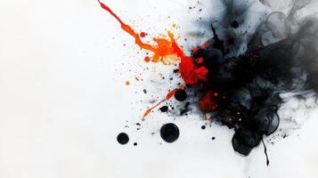 A black and orange ink splash on a white background photo