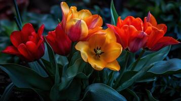 A group of red and orange tulips photo