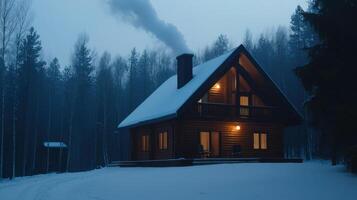 A log cabin in the woods at night photo
