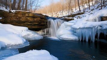 A waterfall is surrounded by ice and snow photo