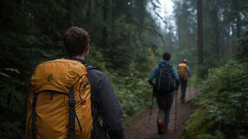 Three people with backpacks walking through a forest photo