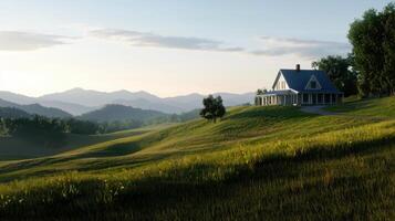 A house on a hill in the middle of a green field photo