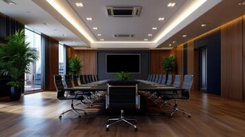 A conference room with a large screen and chairs photo