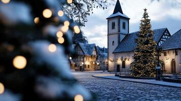 A christmas scene with a church and trees photo