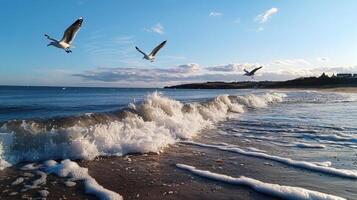 A group of seagulls flying over the ocean photo
