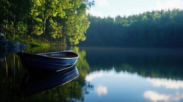 A boat is sitting on the water in front of a forest photo