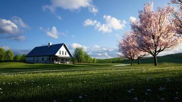 A house in a field with trees and a blue sky photo