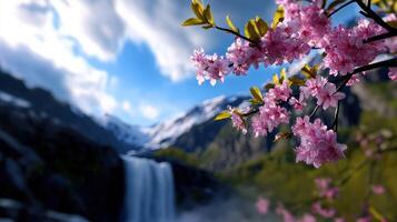 A beautiful spring day with a waterfall and pink flowers photo