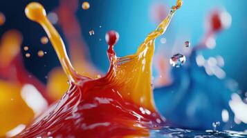 Colorful liquid splashes on a blue background photo