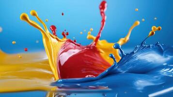 Colorful paint splashes on blue background photo
