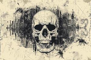 A skull with a smile on it is surrounded by a blurry background photo