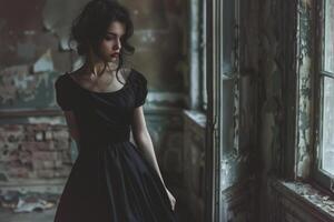 In a vacant, decaying room, a young woman in a black dress gazes pensively out of a broken window, capturing the essence of solitude and nostalgia amidst the haunting surroundings photo