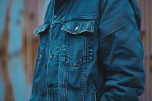 The detailed texture of a blue denim jacket is highlighted, featuring pockets and buttons, while a rustic wooden backdrop adds character to the composition photo