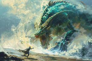 A massive dragon with vibrant scales rears back, roaring as a small figure approaches on the shore. Waves crash around them under a stormy sky, creating a dramatic atmosphere photo