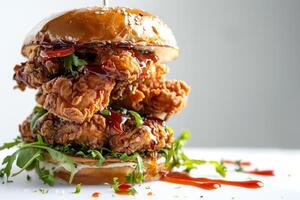 This towering fried chicken burger features multiple crispy chicken fillets stacked high with fresh greens and drizzled with tangy sauce, making it a mouthwatering delight photo