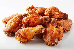 A hearty portion of golden brown fried chicken wings showcases their crispy texture and tantalizing flavor, ideal for sharing at gatherings or enjoying as a snack photo