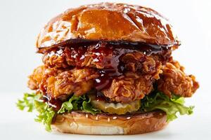 This dish features a towering fried chicken sandwich bursting with flavor, including crispy chicken pieces, BBQ sauce, lettuce, and pickles on a toasted bun photo