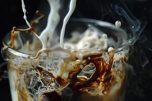 Cream cascades into coffee, creating mesmerizing swirls and patterns, emphasizing the artistic blend of colors in a glass, set against a dramatic dark backdrop photo
