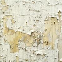 The surface of an aged wall displays peeling white paint, exposing layers of faded color and texture underneath. This creates a rustic and weathered look photo