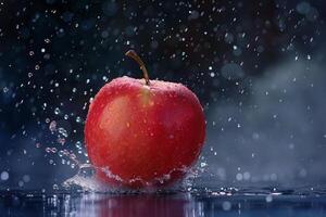 A vibrant red apple is splashing in water droplets during a rain shower, creating a refreshing and lively atmosphere in a natural outdoor setting photo