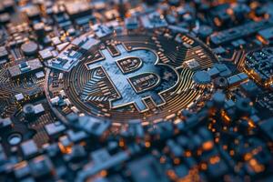 The image showcases a detailed Bitcoin symbol surrounded by intricate circuitry, featuring glowing connections that highlight modern digital technology photo