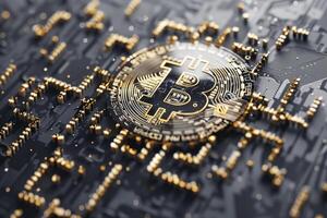 The golden Bitcoin symbol rests prominently on a detailed circuit board backdrop, illustrating the integration of digital currency with technology, representing modern finance photo