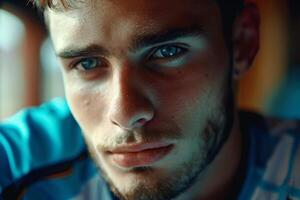 A young man gazes thoughtfully, with soft light reflecting in his bright blue eyes. The warm atmosphere enhances his contemplative expression in a relaxed indoor location photo