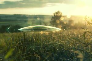 A mysterious flying object hovers silently above a lush grassy field, illuminated by the warm hues of the setting sun. The surrounding landscape showcases rolling hills and a serene atmosphere photo
