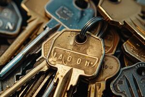 A collection of various metal keys lays scattered on a flat surface, showcasing different shapes, sizes, and worn appearances illuminated by natural light photo