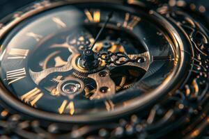 The detailed inner workings of a vintage mechanical watch are highlighted, revealing delicate gears and Roman numerals, all bathed in warm, inviting light photo