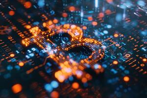 The glowing Bitcoin symbol stands out against a dark, vibrant backdrop of binary code and digital circuits, showcasing the energy of cryptocurrency photo