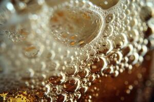 The close-up view showcases an effervescent glass filled with a dark, carbonated beverage, with bubbles actively rising to the surface in warm sunlight photo