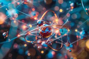 A vibrant representation showcases an atomic structure with electrons orbiting around the nucleus. The background features luminous particles, enhancing the visual appeal photo