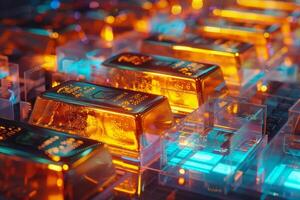 A collection of gold bars shines with vibrant reflections in a dimly lit space, creating a captivating contrast of warm and cool colors photo