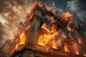 A historic structure is consumed by flames, sending debris flying into the air while smoke billows under a stormy sky, creating a chaotic atmosphere photo