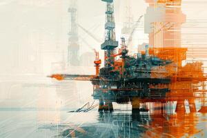 An offshore oil rig is depicted against a backdrop of vibrant colors and patterns, showcasing its intricate structure and industrial presence as dusk approaches photo