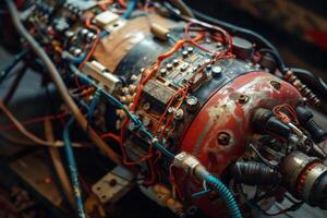 An intricate assembly of wires, circuits, and components is displayed in a workshop setting, highlighting the complexity of machinery during evening hours photo