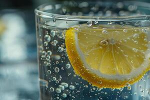 A bright lemon slice floats in a sparkling drink, surrounded by effervescent bubbles. The refreshing beverage captures the essence of a lively summer gathering photo