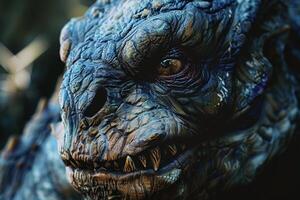 A close-up view reveals the intricate details of a fantasy creature's textured skin and sharp teeth, set against a moody natural backdrop. The creature exudes a mystical aura photo