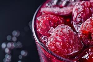 This arrangement features glistening raspberries immersed in rich red raspberry juice, showcasing their texture and freshness in a dark setting photo