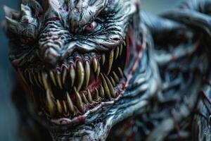 The striking sculpture features a fearsome creature with numerous sharp teeth, deep grooves, and vivid colors, capturing a sense of menace and realism in its design photo