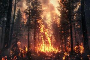 Flames consume trees in a forest during a wildfire in the late afternoon. Thick smoke and bright embers create an intense, chaotic atmosphere as nature is engulfed photo