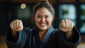 A confident martial artist showcases her technique with raised fists, exuding enthusiasm and energy during a training session in a well-lit dojo photo