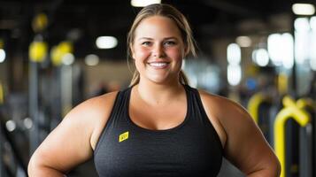 A confident woman stands in a gym, smiling and showcasing her enthusiasm for fitness. The bright environment highlights workout equipment and the energetic atmosphere photo